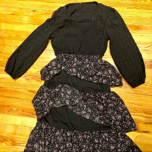 Dress S maxi black flounce long 2 4 sleeve belt - Picture 6 of 9